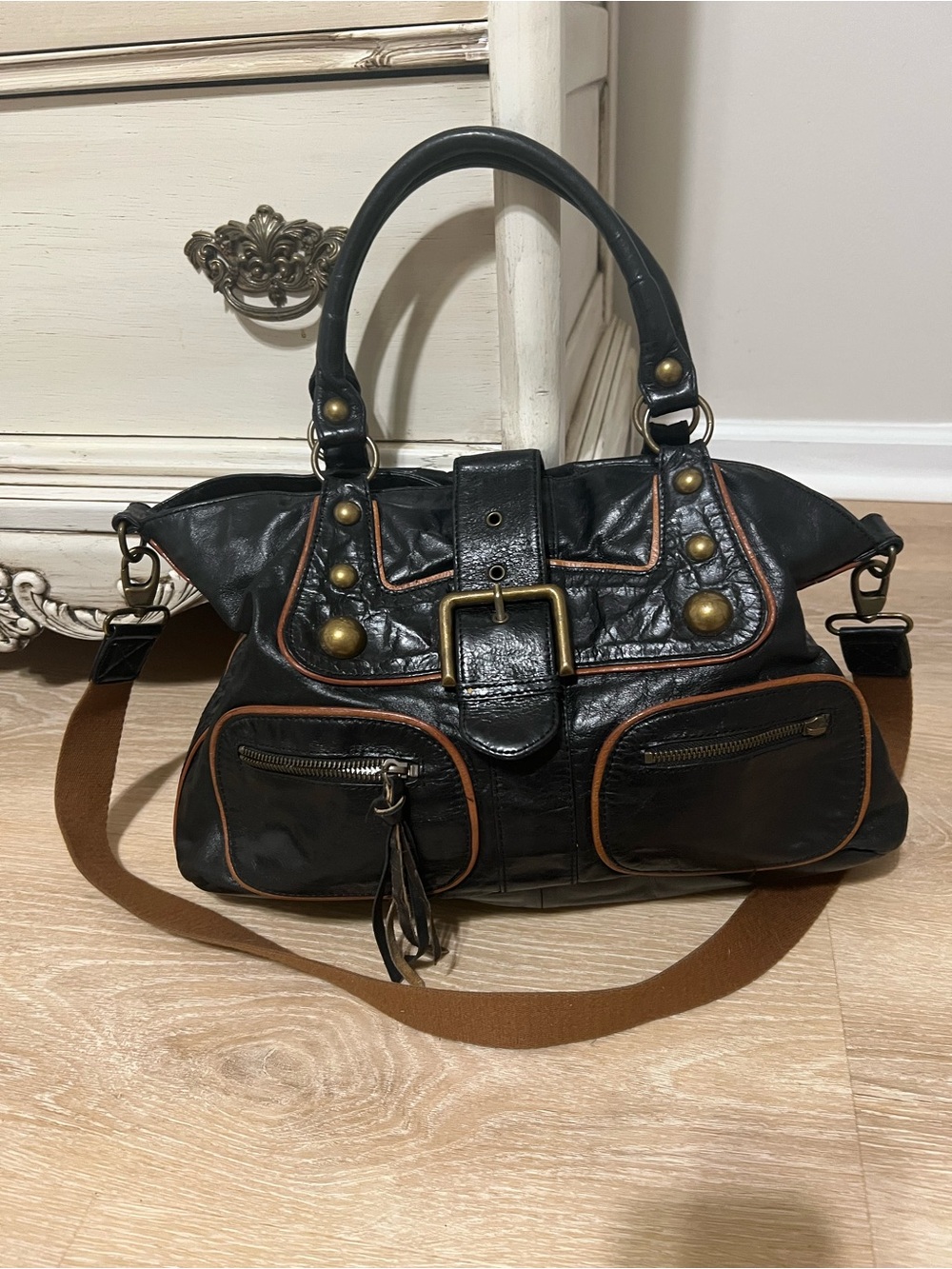 Kate Landry Black Leather Crossbody Satchel with Brown Trim